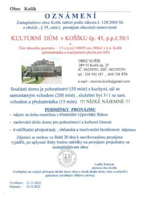 Pronájem kulturního domu Košík 1